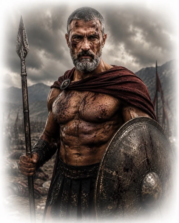 Spartan warrior carrying a spear and shield